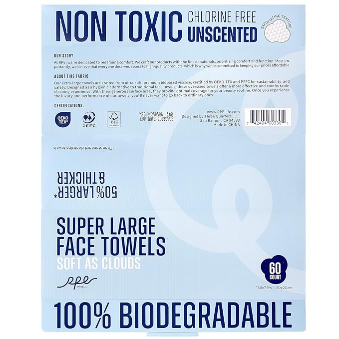 XL Disposable Face Towels, Ultra Soft Makeup Remover Dry Wipes, 100% Biodegradable, Non-Toxic, Facial Towelettes for Washing Face, Thick Towelettes for Sensitive Skin, Unscented, 60 Count