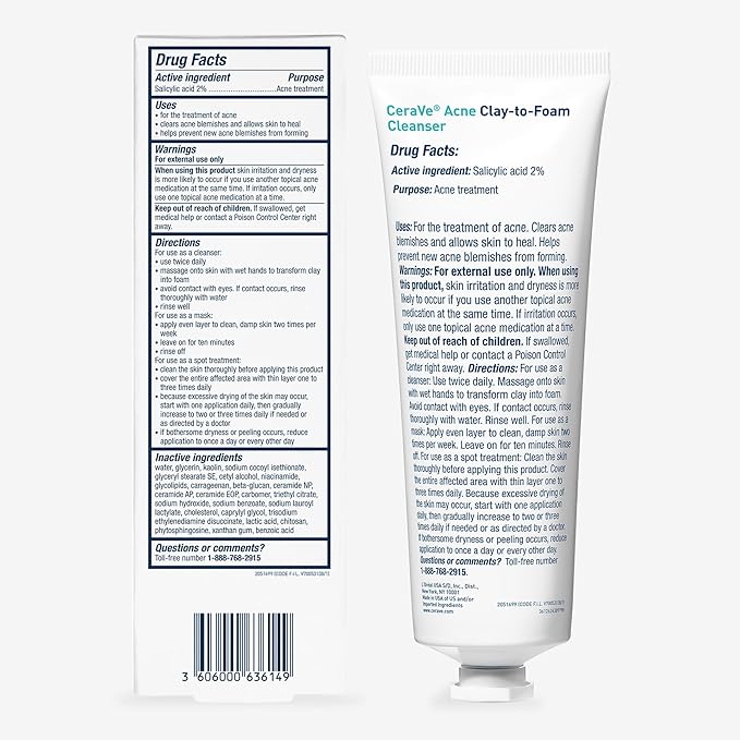 CeraVe Clay To Foam Acne Face Wash, Multi-Use Salicylic Acid & Kaolin Clay Acne Spot Treatment Clears Pimples & Blackheads, Prevents Breakouts, Hydrates & Soothes, Fragrance-Free, Non-Comedogenic, 4oz