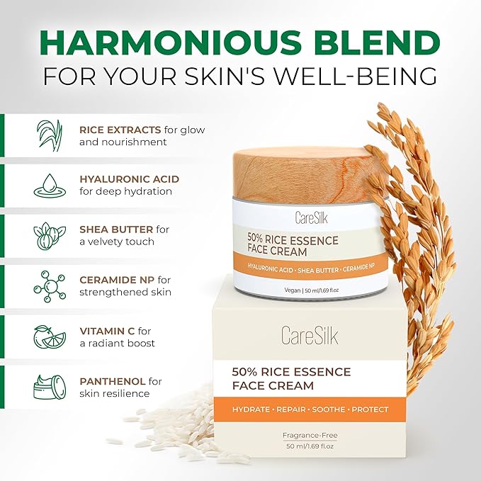 Rice Cream for Face - Organic Rice Ceramide Moisturizing Cream with Hyaluronic Acid - Natural Rice Eye Cream - Vegan Facial Essence - Face Cream