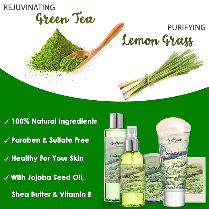 Bath Spa Gift Sets - Luxury Basket With Green Tea & Lemongrass - Spa Kit Includes Wash, Bubble Bath, Lotion, Bath Salts, Body Scrub, Body Spray, Shower Puff, Bathbombs, Soap and Towel