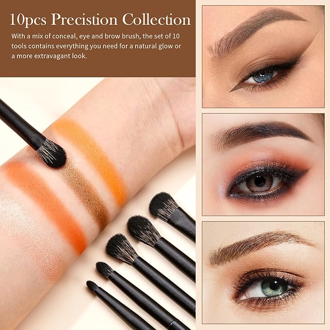 Jessup Eyeshadow Brush Set, 10Pcs Eye Makeup Brushes Professional for Blending Eye Shadow Liner Crease, Duo-end Brow Brush, Elegant Black T337