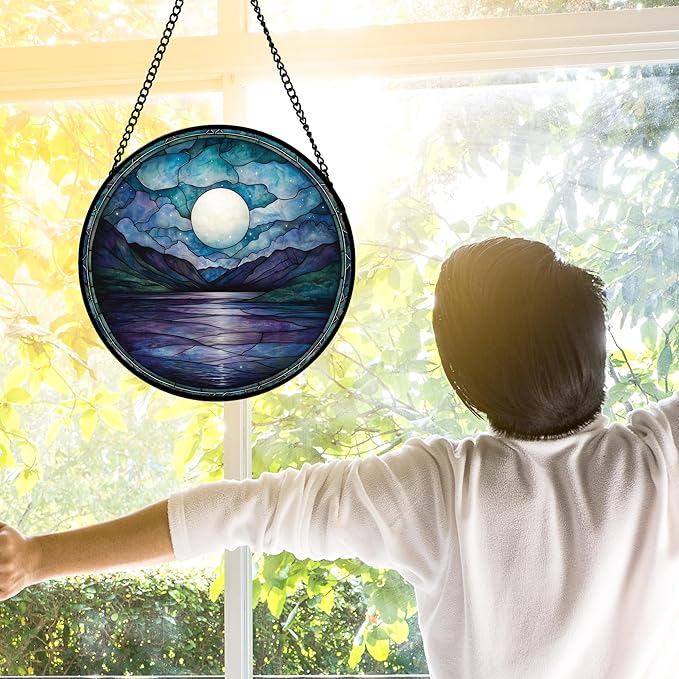 Stained Glass Window Hanging, Blue Night Moon Lake Sun Catchers Colorful Glass Panel Landscape Suncatcher Decor for Birthday for Women, Men, Wife, Aunt, and Mom 11.8x11.8 in