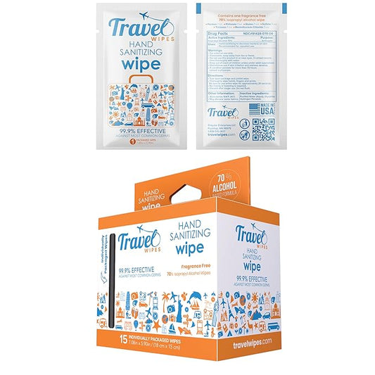 Hand Sanitizing Travel Wipes – 15ct Individually Wrapped | Fragrance-Free, Moisturizing, 70% Isopropyl Alcohol Wipes | Travel, Home, Office, Daily Use | Made in USA