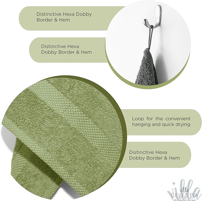 100% Cotton Bath Towel Set of 12-4 Bath Towels, 4 Hand Towels, 4 Wash Cloths, Sustainable, Soft, Highly Absorbent, Combed Cotton 12 Piece Set for Hotels, Spa, Bathroom, Dorm, Sage