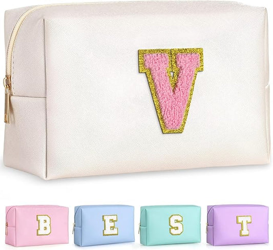 TOPEAST Initial Makeup Bags for Women, Personalized Portable Cosmetic Bag for Travel, Cute Makeup Pouch, PU Leather Waterproof Toiletry Bag, Preppy Things for Girl (Pearly White V)