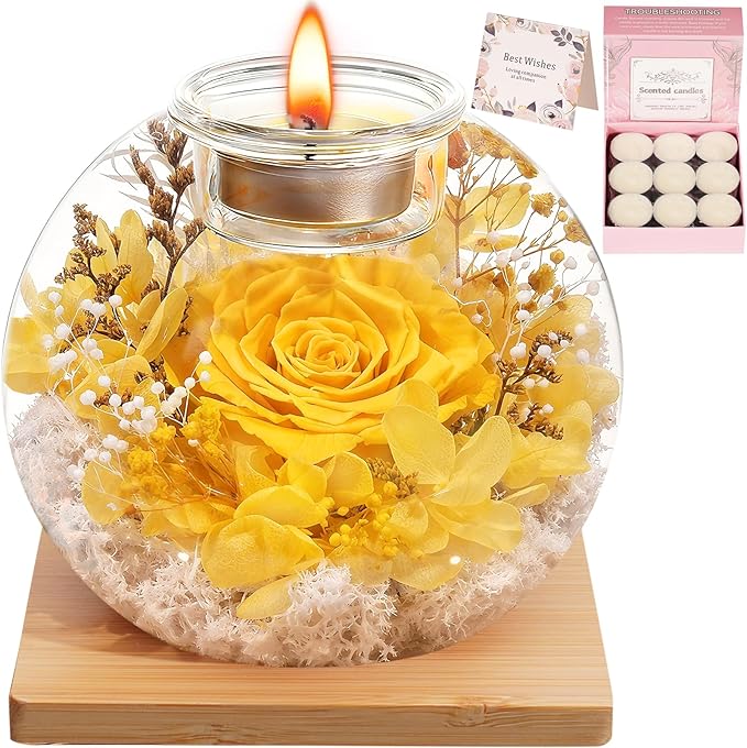Eternal Preserved Real Rose, Glass Dome Gift Set with 18 Scented Candles (9 Vanilla,9 Lavender), Mother's Day Valentine Christmas Birthday Gift for Women Mom Girlfriend Wife Home Decor (Yellow)