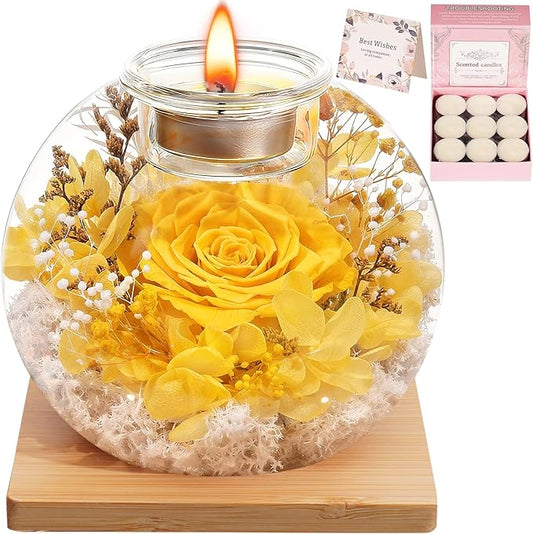 Eternal Preserved Real Rose, Glass Dome Gift Set with 18 Scented Candles (9 Vanilla,9 Lavender), Mother's Day Valentine Christmas Birthday Gift for Women Mom Girlfriend Wife Home Decor (Yellow)