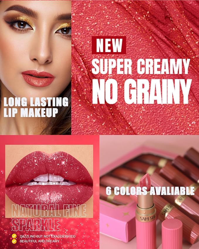 Sparkling Glitter Lipstick Set,6 Pcs Shimmer Nude Pink Brown Dark Rose Red Lip Gloss for Women Long Lasting Waterproof Metallic Diamond Shiny Lipstick Non-Stick Lipgloss Lip Color labiales Makeup Gift