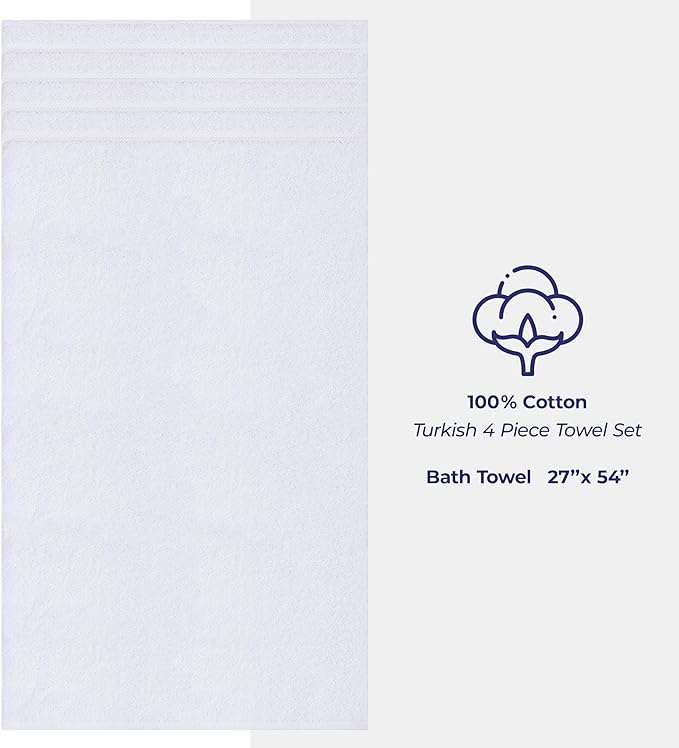 American Soft Linen Luxury 4 Piece Bath Towel Set, 600 GSM 100% Cotton Turkish Bath Towels for Bathroom, 27x54 in Extra Large Bathroom Shower Towels, White