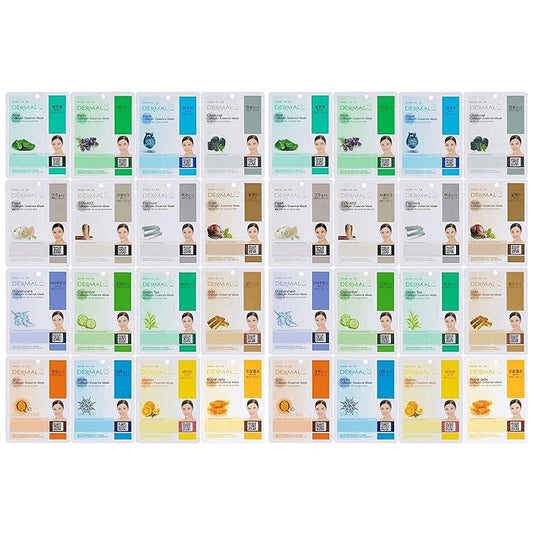 DERMAL Korean Collagen Face Mask – Hydrating & Soothing Sheet Mask with Panthenol – Hypoallergenic Calming Moisture Care for All Skin Types – 32 Combo Pack