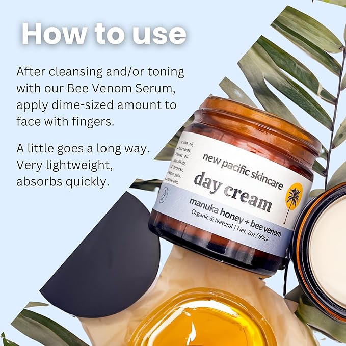 Organic Bee Venom + Manuka Day Barrier Face Moisturizer | Hydrating, Anti-Wrinkle, Collagen Booster | 2.5 month supply, 2oz/60ml | Made in New Zealand