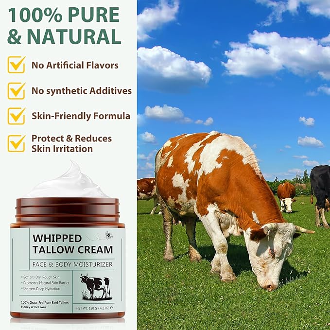 Beef Tallow for Skin, Whipped Tallow Cream Organic for Face, 100% Grass-Fed Pure Beef Tallow, Honey & Beeswax, Whipped Tallow Honey Balm for Face Moisturizer Body Lotion Skin Care for Sensitive Skin