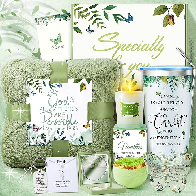 Fortuning's JDS 13PCS Christian Gifts for Women Faith- Inspirational Religious Catholic Gifts Basket, Green Self Care Package Get Well Soon Gifts,Birthday Gifts, for Mom Her Wife Girlfriend Friend