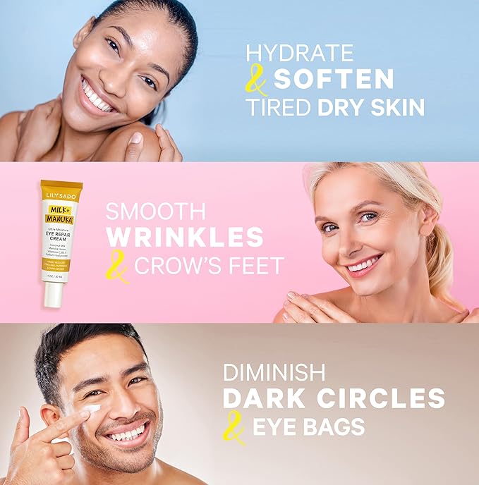 LILY SADO MILK+MANUKAโข Eye Repair Cream - Anti-Aging Natural Gentle Formula w/Coconut Milk, Manuka Honey, Sodium Hyaluronate & VITS C, B5 & E - Prevents Puffiness, Under-eye Wrinkles & Eye Bags - 1oz