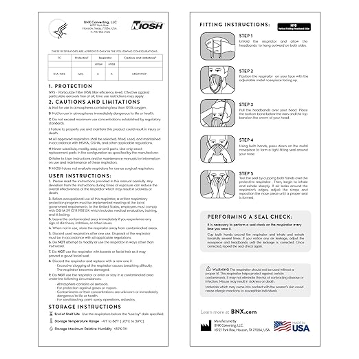 BNX N95 Mask NIOSH Certified MADE IN USA Particulate Respirator Protective Face Mask (10-Pack, Approval Number TC-84A-9315 / Model H95W) White