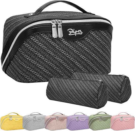 BOYATU Travel Makeup Bags for Women: Large Cosmetic Bag Waterproof - Vegan Leather Make up Bag Set of 3 - Compact Toiletry Organizer with Compartments & Handle & Divider (Z-Black)