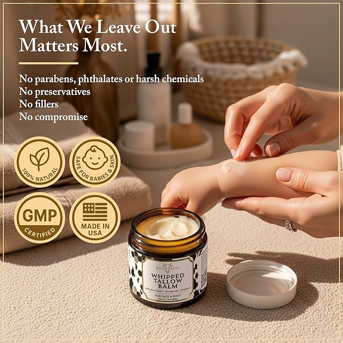 Whipped Tallow and Honey Balm for Face - Unscented Grass Fed Beef Tallow for Skin, Moisturizer Cream with Manuka Honey, Jojoba Oil, Mango Butter & Vitamin E - For Dry Skin & Body - 3 oz