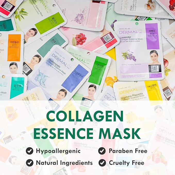 DERMAL Korean Collagen Face Mask – Hydrating & Soothing Sheet Mask with Panthenol – Hypoallergenic Calming Moisture Care for All Skin Types – 16 Combo Pack B