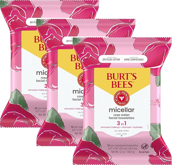 Burt's Bees Back To School Dorm Essentials, Rose Water Face Wipes, for All Skin Types, Hydrating Micellar Makeup Remover & Facial Cleansing Towelettes, 30 Ct (3-Pack)