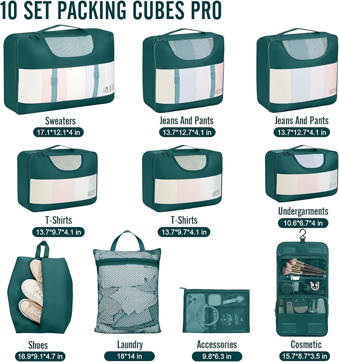 Veken 10 Set Packing Cubes for Travel Essential, Suitcase Organizer Bags in 4 Sizes, Carry-On Luggage Accessories with Large Laundry & Hanging Toiletry Bag, Must-Have for Airplane, Road Trip & Camping