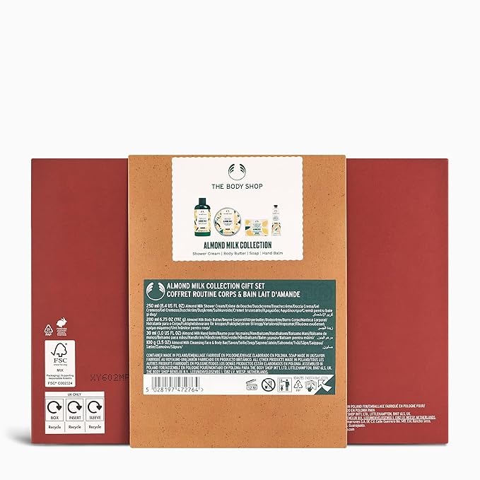 The Body Shop Almond Milk Collection Gift Set - 4 Piece Set, Shower Cream, Body Butter, Bar Soap, Hand Balm, Vegan