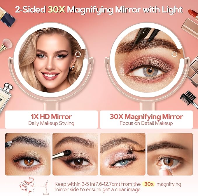 B Beauty Planet Makeup Mirror with Lights, Lighted Magnifying Mirror 30X with 3 Lighting and Adjustable Brightness, 2-Sided Height Adjustable Vanity Mirror for Bathroom, Gifts for Women Pink