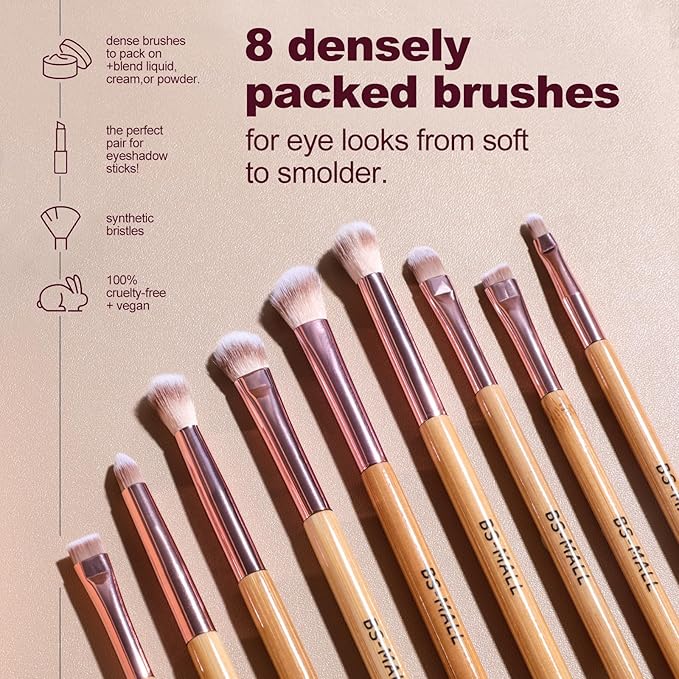 BS-MALL 14 Pcs Makeup Brushes Set with 1 Pcs Makeup Sponge โ Essential Foundation Powder Concealers, Eye Shadows, Blush Makeup Brushes with Travel Makeup Case (Bamboo)