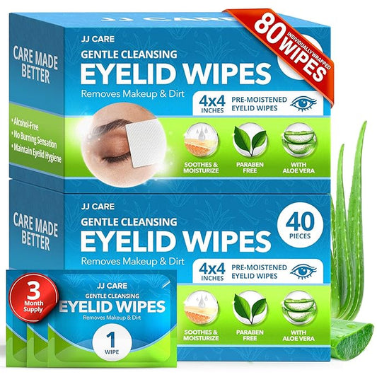 JJ CARE Eyelid Cleaning Wipes - Box of 80, 4"x4" Individually Wrapped Moisturizing Eye Lid Scrubbing Wipes for Irritated, Itchy, and Dry Eyes, Hypoallergenic Eye Scrub & Eyelashes cleaning Pads