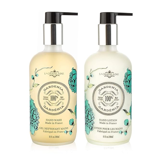 La Chatelaine Hand Wash & Lotion Set | Sulfate Free | Frosted Glass Bottles | Nourishing Shea Butter Formula | Natural and Organic | Made in France | 2 x 8.1 oz. (Gardenia)