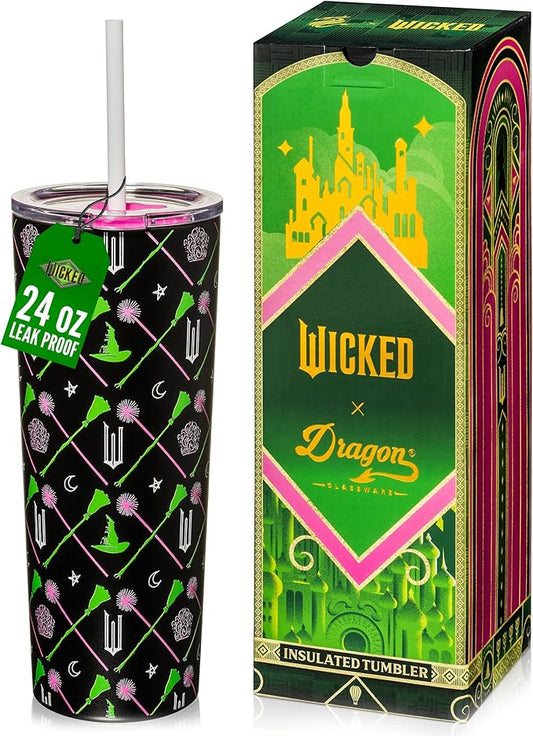 Dragon Glassware x WICKED Vacuum Insulated Tumbler with Lid and Straw - 24 oz Tumbler Cup with 2 Straws - Stainless Steel Tumbler with Straw for Water, Iced Tea - Wicked Movie Green Tumbler with Straw