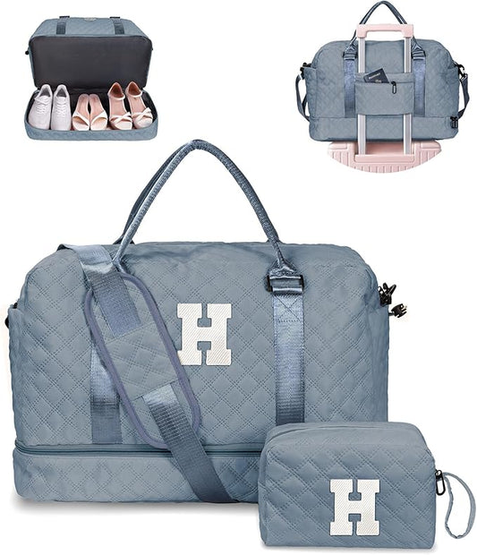 Gifts for Teen Girls-Initial Duffle Bag with Shoe Compartment, Personalized Weekender Bag, Monogram Overnight Bag, Travel Bag with Makeup Bag,Birthday Gift Graduate Gifts for Her (Letter H)