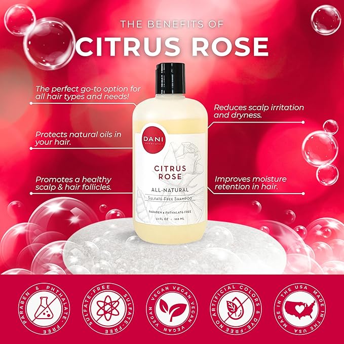 DANI Naturals Shampoo - Citrus Rose Scent is a sulfate-free, vegan, and organic shampoo that deeply moisturizes and nourishes all hair types, including color-treated hair