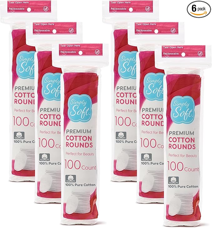 Simply Soft Premium Cotton Rounds, 100% Pure Cotton, Absorbent Cotton Pads, 100 Count (Pack of 6)