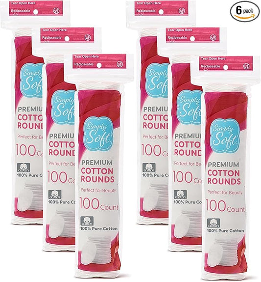 Simply Soft Premium Cotton Rounds, 100% Pure Cotton, Absorbent Cotton Pads, 100 Count (Pack of 6)