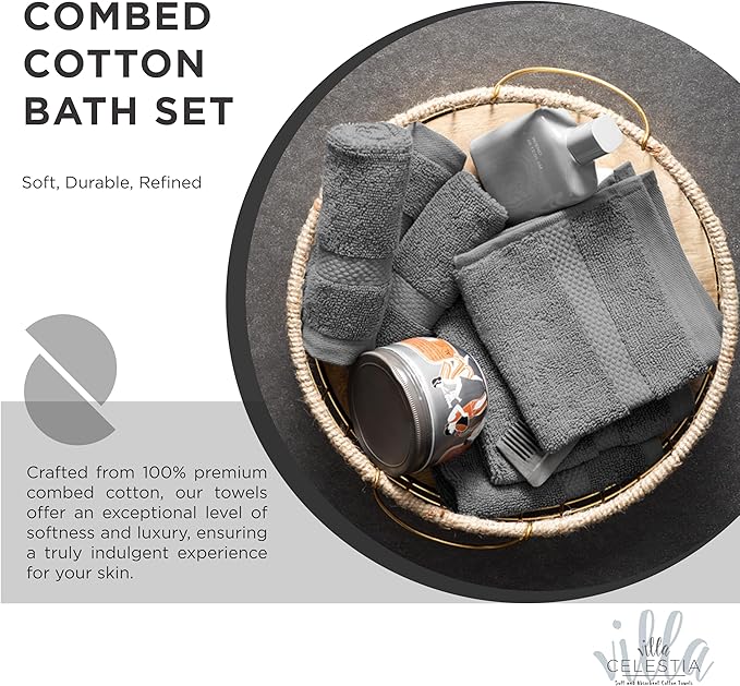100% Cotton Bath Towel Set of 24-6 Bath Towels, 6 Hand Towels, 12 Wash Cloths, Sustainable, Soft, Highly Absorbent, Combed Cotton 24 Piece Set for Hotels, Spa, Bathroom, Dorm, Grey