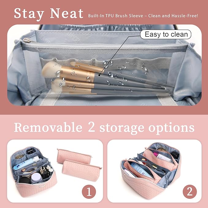 BOYATU Travel Makeup Bags for Women: Large Cosmetic Bag Waterproof - Vegan Leather Make up Bag Set of 3 - Compact Toiletry Organizer with Compartments & Handle & Divider (L02 Light Pink)