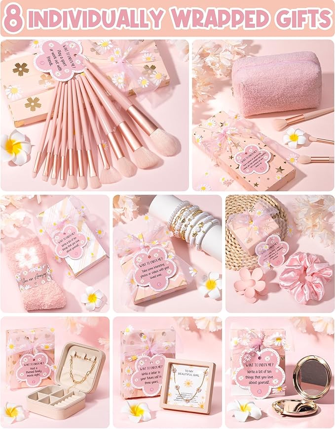 Birthday Gifts for Tween Teen Girls - 8 PCS Gifts Basket Teen Girl Gifts Trendy Stuff Girls Fun Empower Gift Box w/Task Tags Make up Brushes Makeup Bag, Graduation Gifts Idea for Her Niece Daughter