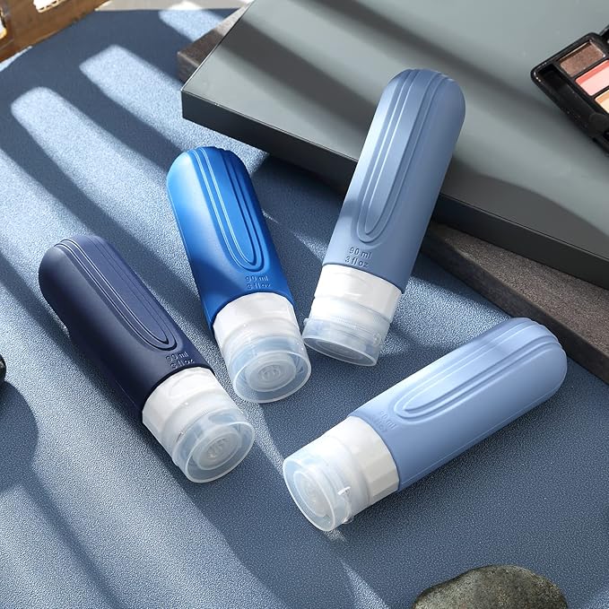 Travel Bottles for Toiletries, Tsa Approved 3oz Travel Size Containers BPA Free Leak Proof Refillable Liquid Silicone Squeezable Travel Accessories for Shampoo Conditioner Lotion (4 Pack)