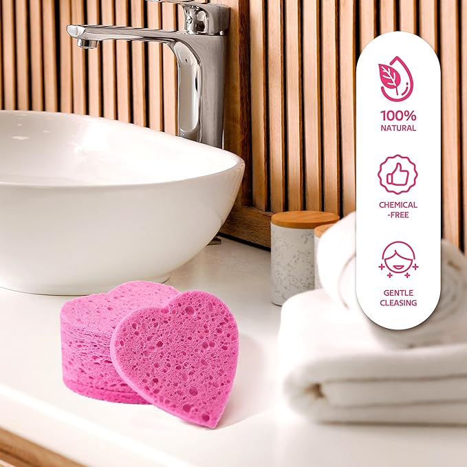50-Count Heart Shape Compressed Facial Sponges for Daily Facial Cleansing and Exfoliating, 100% Natural Cosmetic Spa Sponges for Makeup Remover
