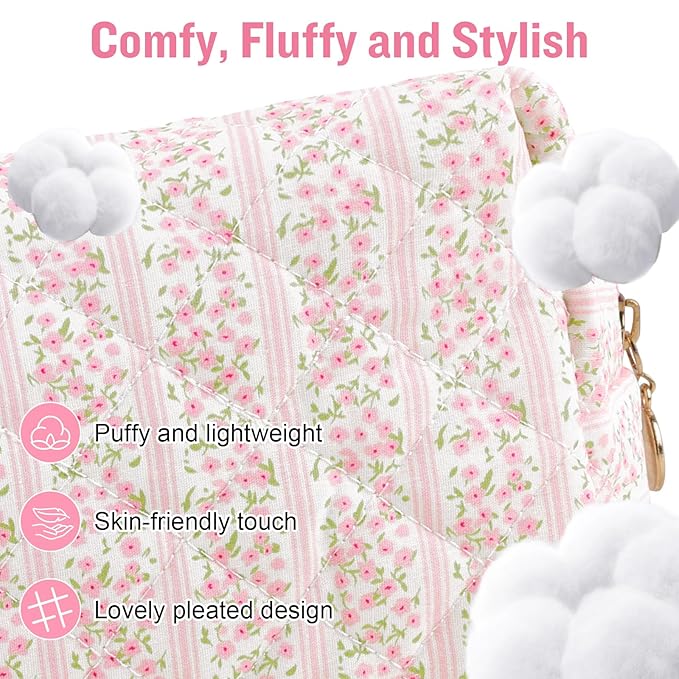 Personalized Quilted Cosmetic Bag, Puffy Monogrammed Christmas Birthday Gifts for Women & Girls, Cute initial Floral Makeup Bag Puffer Coquette Bag, Aesthetic Travel Toiletry Zipper Pouch(Pink,Z)