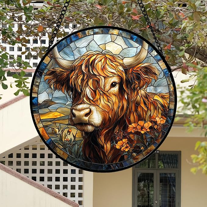 Stained Glass Window Hanging - Funny Cow Flower Suncatcher Ready to Hang Window Doors Home Decoration and Christmas, Mother's Day Birthday Gifts for Women, Men, and Mom 14.9x14.9 in