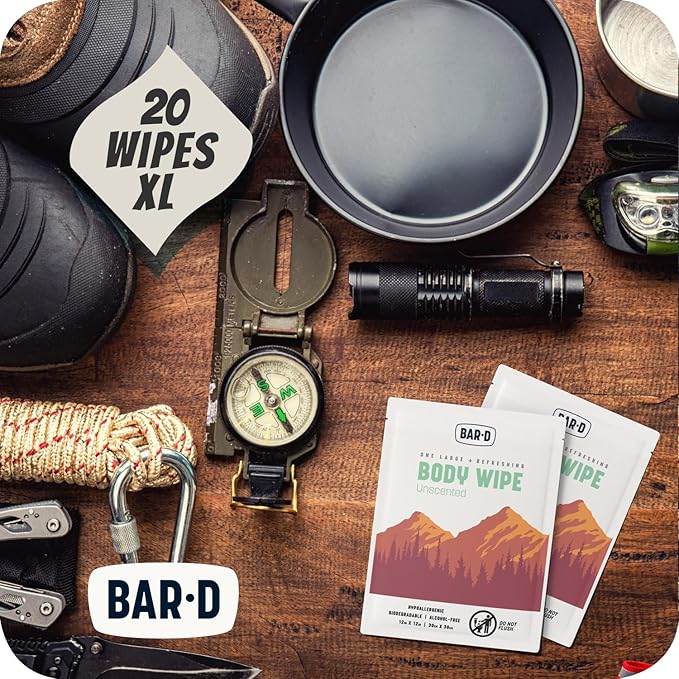 Bar-D Cleansing Face & Body Wipes for Women and Men - Individually Wrapped Biodegradable Shower Wipes, 12x12 Inch, Pack of 20 (20 Count/Box), Unscented