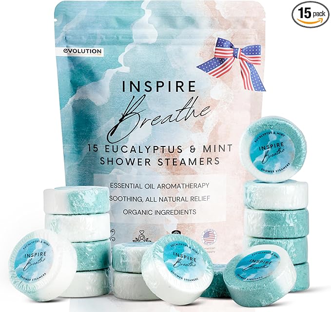 EvolutionUSA Inspire Breathe Shower Steamers, 15 Mint & Eucalyptus Shower Steamers for Women & Men, Refreshing Vapor Shower Tablets, Self Care Shower Bombs, Gift for Mother's Day, Easter, Birthday