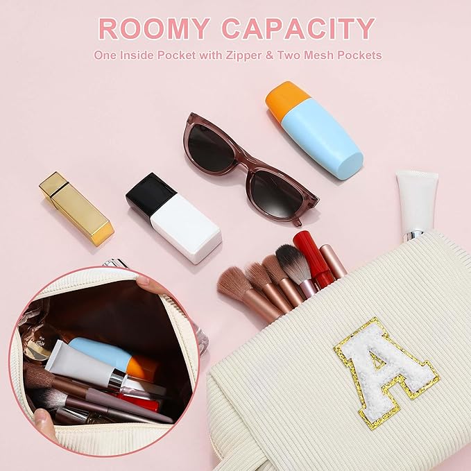 YOOLIFE Girls Travel Makeup Bag - Make Up Bag Mini Cosmetic Bags for Women Makeup Brush Bag Travel Bag Cute Small Makeup Bag Unique Gifts Teacher Gifts Friend Birthday Gifts for Women Her Letter T