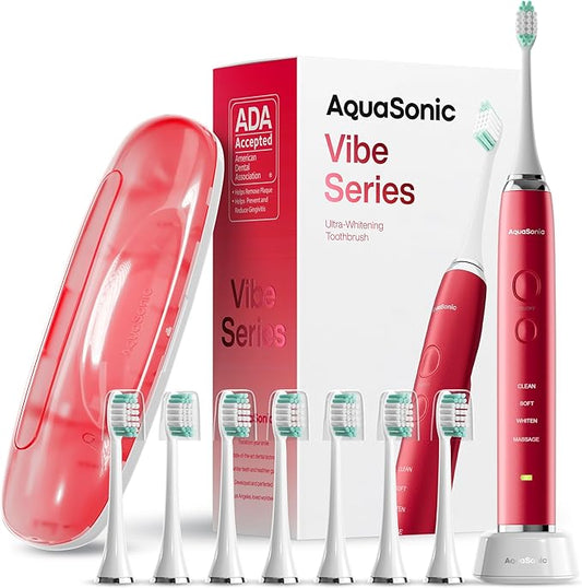 Aquasonic Vibe Series Ultra-Whitening Toothbrush – ADA Accepted Electric Toothbrush - 8 Brush Heads & Travel Case – 40,000 VPM Motor & Wireless Charging - 4 Modes w Smart Timer – Ruby