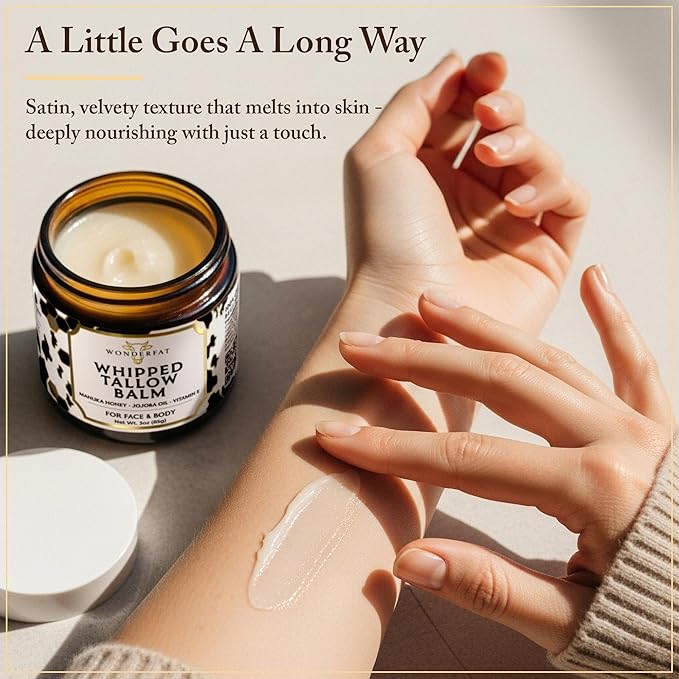 Whipped Tallow and Honey Balm for Face - Unscented Grass Fed Beef Tallow for Skin, Moisturizer Cream with Manuka Honey, Jojoba Oil, Mango Butter & Vitamin E - For Dry Skin & Body - 3 oz