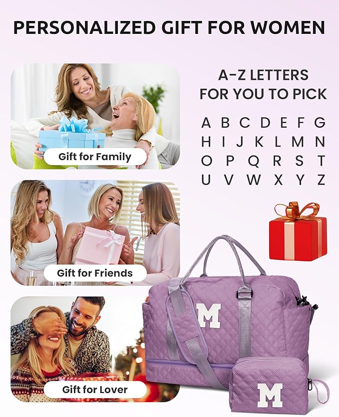Gifts for Mom-Initial Duffle Bag with Shoe Compartment, Personalized Weekender Bag, Monogram Overnight Bag, Letter Travel Bag with Makeup Bag,Personalized Gifts Idea for Women Her (Letter F)