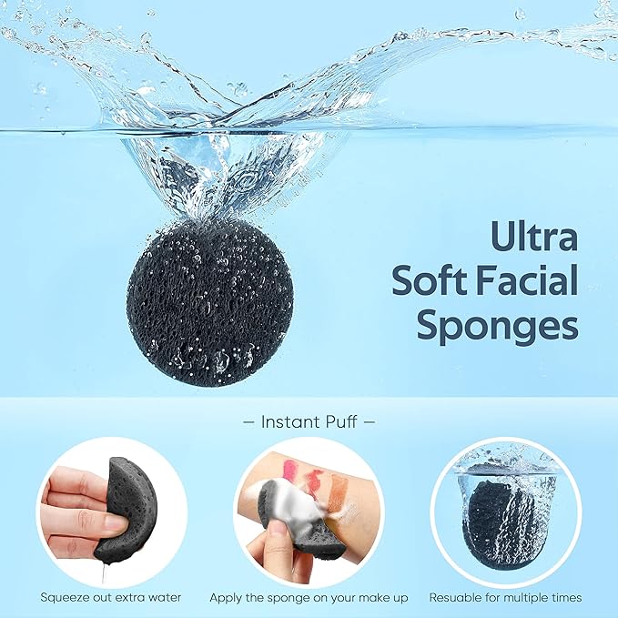 50-Count Black Compressed Facial Sponges for Daily Facial Cleansing and Exfoliating, 100% Natural Cosmetic Spa Sponges for Makeup Remover, Reusable