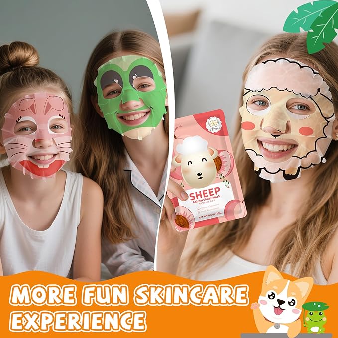 18 Pack Animal Face Mask for Kids, Bulk Sheet Face Masks Skincare for Girls, Collagen Hydrating Face Mask Spa Party Gifts for Teens, Christmas Gifts, Stocking Stuffers for Women