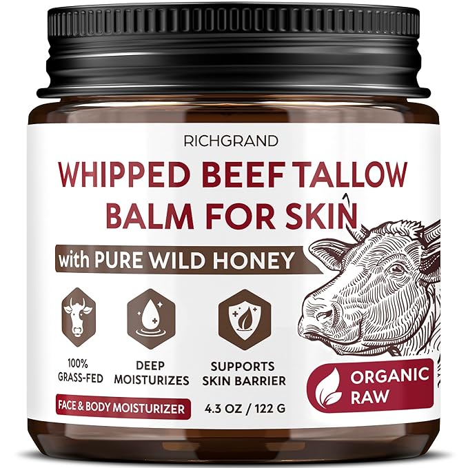 Beef Tallow for Skin – Whipped Tallow and Honey Balm with Grass-Fed Beef Tallow – Organic Daily Tallow Face Moisturizer & Body Balm – Deep Nourishment for Dry, Cracked, Sensitive Skin - 4.3 OZ